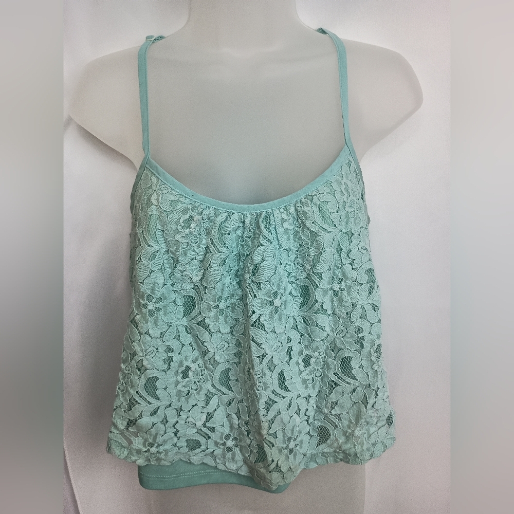 RUE21 Green Ruffled Crop Summer Floral Strappy‎ Sheer Camisole size M (#1,561)